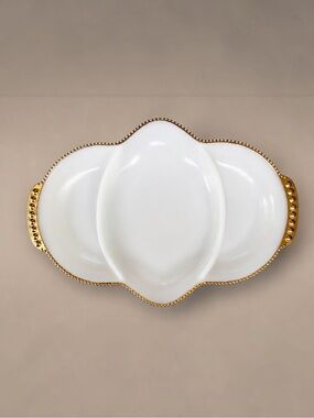 Anchor Hocking FIRE KING White Milk Glass Gold Trim Divided Relish Dish